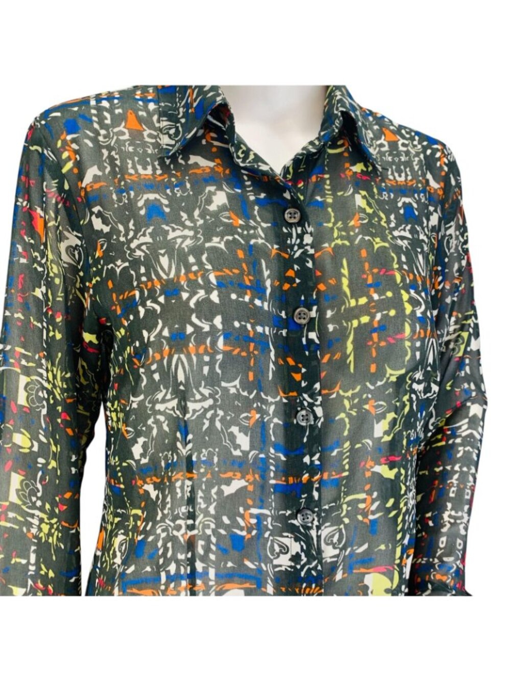 Cabi Womens Festival Button Blouse Multicolor Geometric Print Sheer #129 Size S - Picture 4 of 12